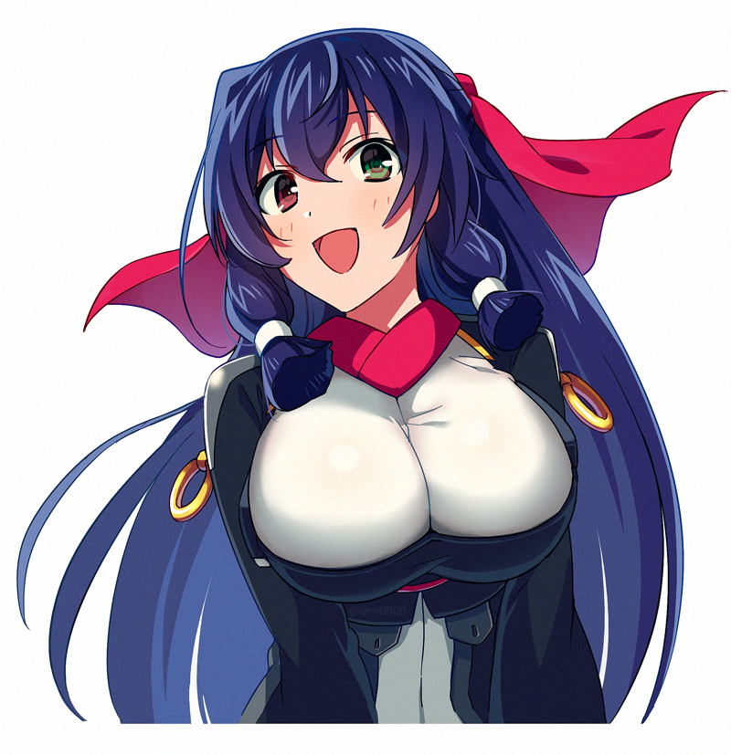 1girl :d asama_tomo bangs blue_hair breasts dark_blue_hair eyebrows_visible_through_hair green_eyes hair_between_eyes hair_tubes heterochromia kyoukaisenjou_no_horizon large_breasts long_hair looking_at_viewer open_mouth red_eyes sayshownen simple_background smile solo white_background