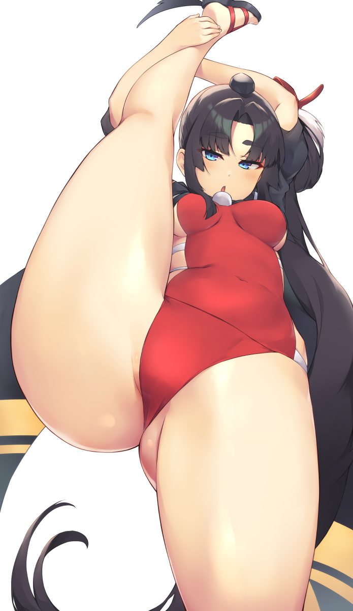 1girl bangs black_hair blue_eyes blush breasts fate/grand_order fate_(series) highres leg_lift leg_up long_hair looking_at_viewer medium_breasts one-piece_swimsuit p!nta parted_bangs red_swimsuit sandals side_ponytail split standing standing_on_one_leg standing_split swimsuit thighs ushiwakamaru_(fate/grand_order) ushiwakamaru_(swimsuit_assassin)_(fate)