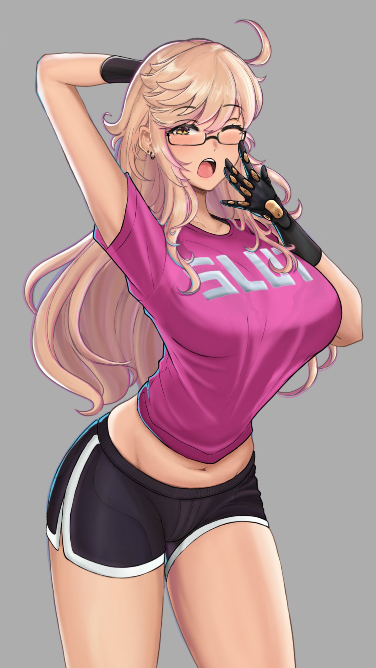 1girl ahoge alma_armas black-framed_eyewear black_shorts blonde_hair blush breasts commentary commission dark_skin desspie earrings english_commentary english_text eyebrows_visible_through_hair fuck-me_shirt glasses grey_background highres huge_ahoge jewelry large_breasts long_hair mechanical_hands meme_attire midriff navel pink_shirt print_shirt prosthetic_hand semi-rimless_eyewear shirt short_shorts shorts slender_waist solo t-shirt thighs under-rim_eyewear upper_teeth va-11_hall-a waking_up yawning yellow_eyes