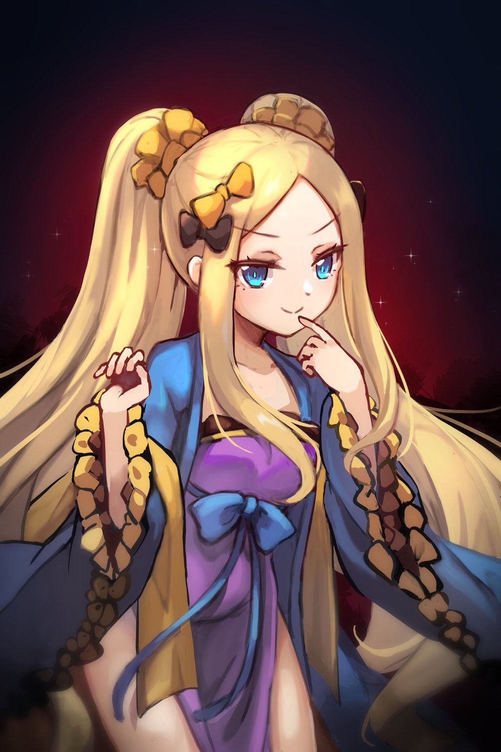 &gt;:) 1girl abigail_williams_(fate/grand_order) bangs black_bow blonde_hair blue_bow bow chinese_clothes closed_mouth collarbone commentary cosplay dress english_commentary eyebrows_visible_through_hair fate/grand_order fate_(series) hair_bow hanfu highres long_hair long_sleeves looking_at_viewer miya_(miyaruta) open_clothes orange_bow parted_bangs purple_dress sidelocks smile solo strapless strapless_dress twintails v-shaped_eyebrows very_long_hair wide_sleeves wu_zetian_(fate/grand_order) wu_zetian_(fate/grand_order)_(cosplay)