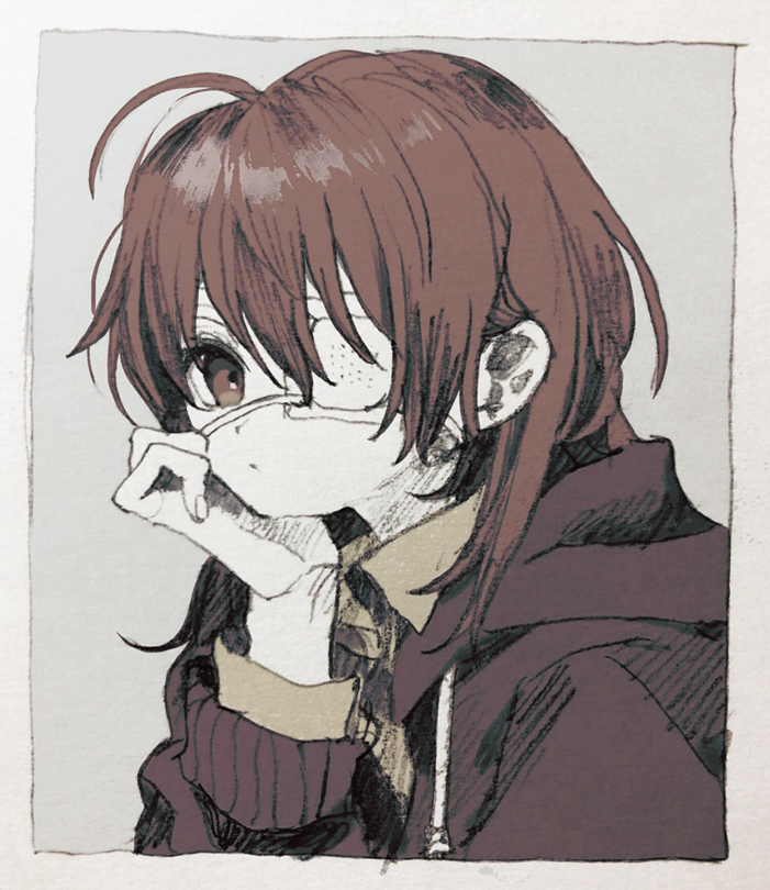 1girl ahoge border brown_eyes brown_theme chin_rest closed_mouth collared_shirt eyepatch from_side graphite_(medium) hand_up hood hood_down hoodie ka_(marukogedago) long_sleeves looking_at_viewer looking_to_the_side medical_eyepatch mixed_media monochrome one_eye_covered original shirt solo traditional_media white_border wing_collar