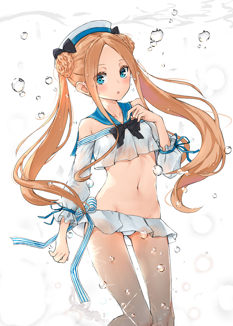 1girl abigail_williams_(fate/grand_order) air_bubble bangs bare_shoulders black_bow blonde_hair blue_eyes blue_sailor_collar blush bow braid braided_bun breasts bubble crop_top double_bun fate/grand_order fate_(series) forehead hair_bow hat kopaka_(karda_nui) long_hair long_sleeves looking_at_viewer miniskirt multiple_bows parted_bangs sailor_collar sailor_hat sidelocks skirt small_breasts thighs twintails underwater