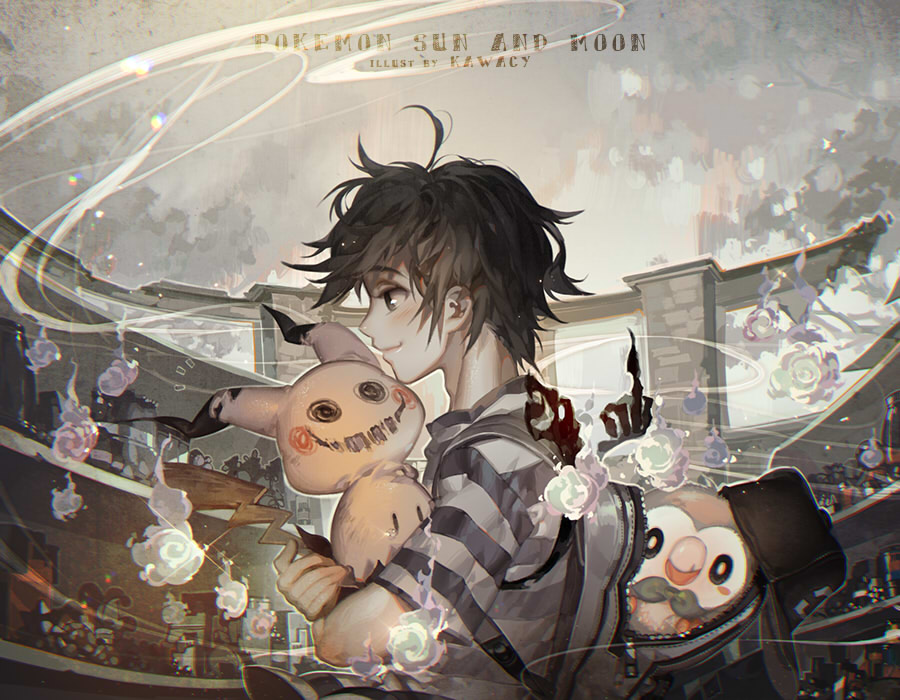 1boy artist_name backpack bag baseball_cap black_hair blush closed_mouth commentary_request copyright_name elio_(pokemon) gen_7_pokemon hat headwear_removed holding holding_pokemon kawacy looking_at_viewer mimikyu mutenka pokemon pokemon_(creature) pokemon_(game) pokemon_sm rowlet shirt short_sleeves smile striped striped_shirt upper_body zipper zipper_pull_tab