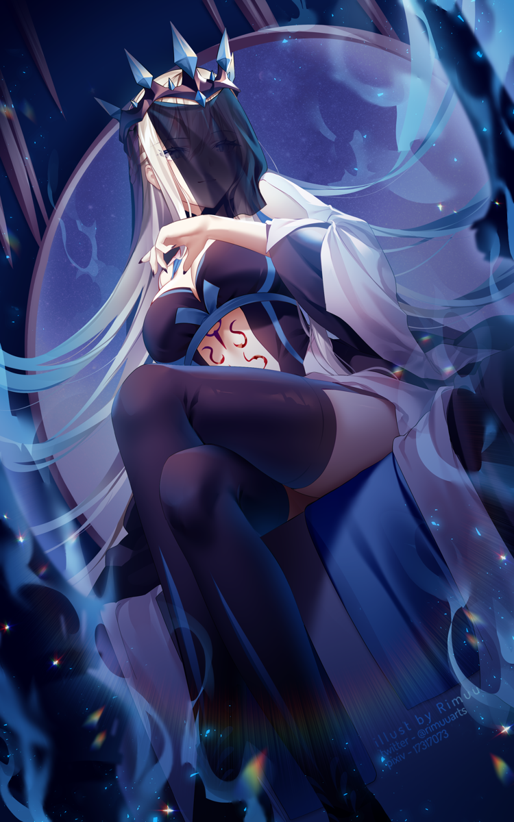 1girl bangs blue_eyes braid breasts crown dress fate/grand_order fate_(series) french_braid highres large_breasts long_hair looking_at_viewer morgan_le_fay_(fate) rimuu silver_hair sitting thighs very_long_hair
