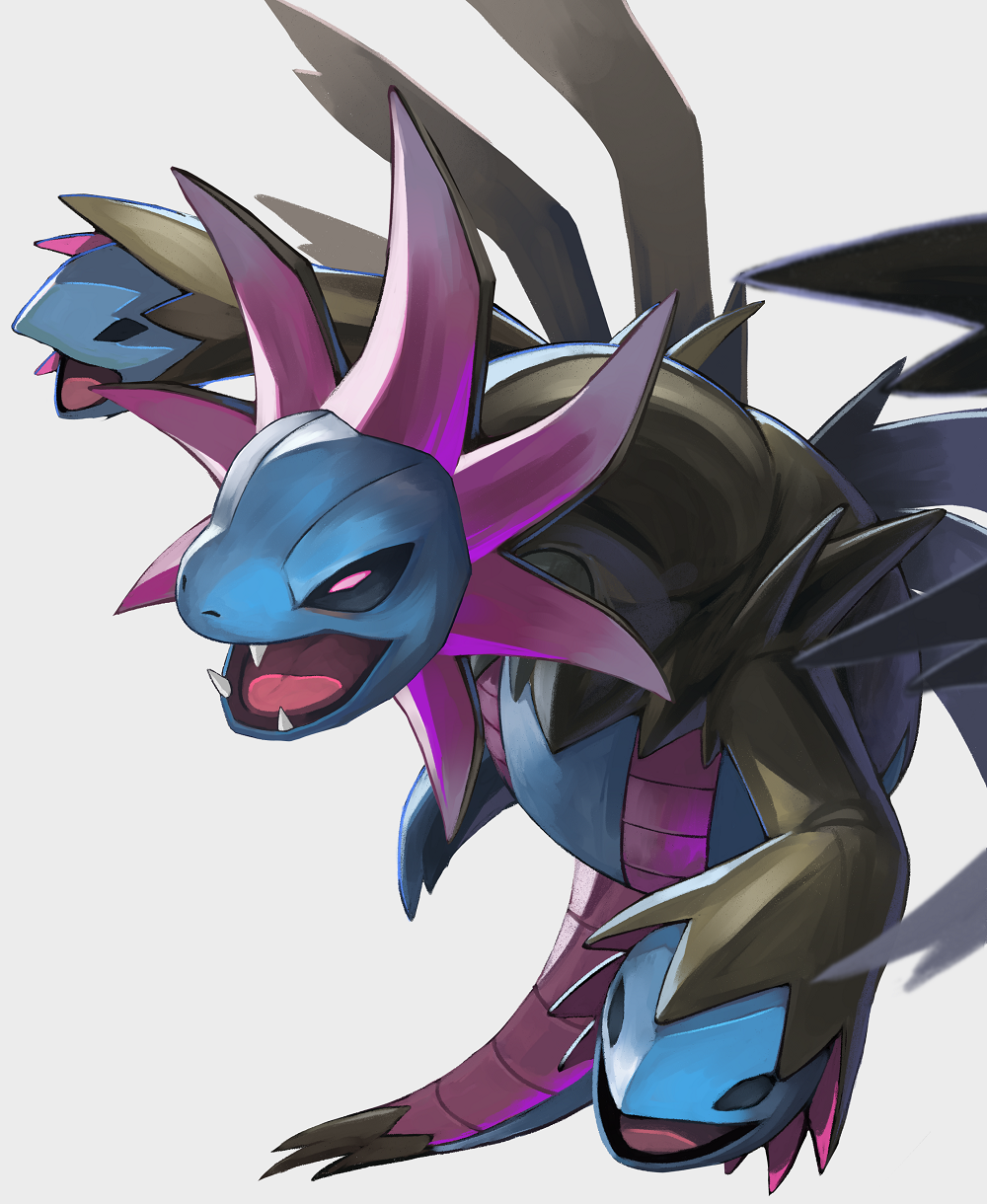 commentary_request dragon fangs gen_5_pokemon highres hydreigon no_humans open_mouth pink_eyes pokemon pokemon_(creature) solo tesshii_(riza4828) tongue wings