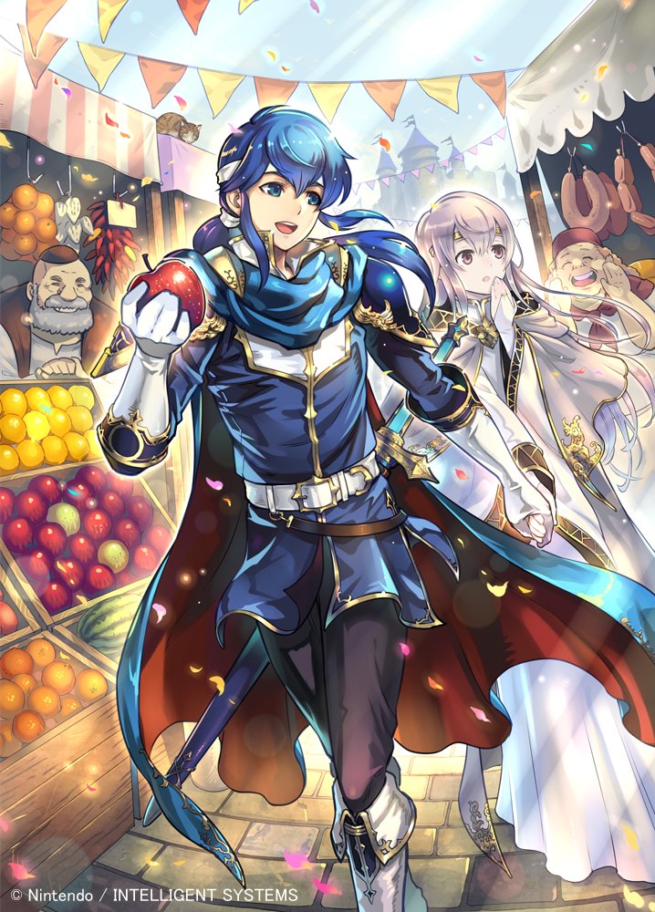 1boy 1girl blue_cape blue_hair blue_shirt cape fire_emblem fire_emblem:_genealogy_of_the_holy_war fire_emblem_cipher food fruit holding_hands julia_(fire_emblem) kinoshita_kotetsu light_purple_hair long_hair market official_art ponytail robe seliph_(fire_emblem) shirt