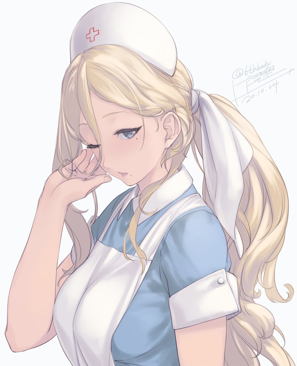 1girl alternate_costume alternate_hairstyle apron blonde_hair blue_dress blue_eyes commentary_request dress hair_between_eyes hat highres kantai_collection long_hair looking_at_viewer mole mole_under_eye mole_under_mouth nurse nurse_cap one_eye_closed ponytail richelieu_(kantai_collection) rokuwata_tomoe simple_background solo upper_body white_apron white_background white_headwear
