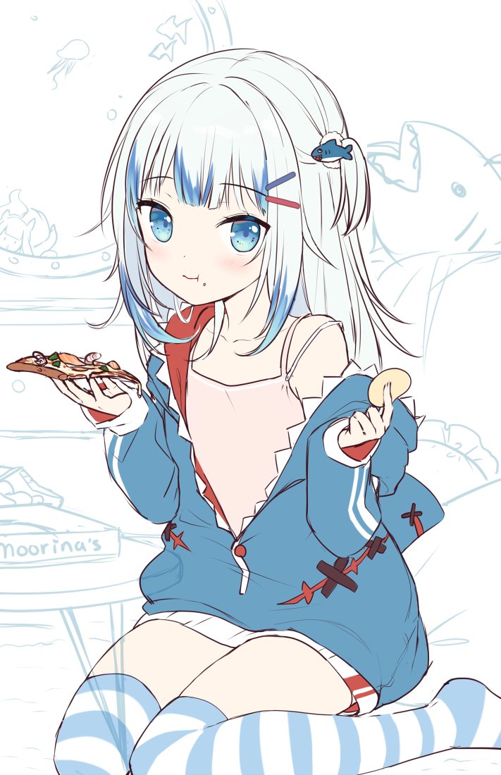 1girl :t blue_eyes blue_hoodie camisole chips eating english_commentary food gawr_gura hair_ornament hairclip hololive hololive_english hood hood_down long_hair looking_at_viewer moorina multicolored_hair pizza pizza_slice potato_chips shark_hair_ornament simple_background sitting solo streaked_hair striped striped_legwear thigh-highs virtual_youtuber white_hair