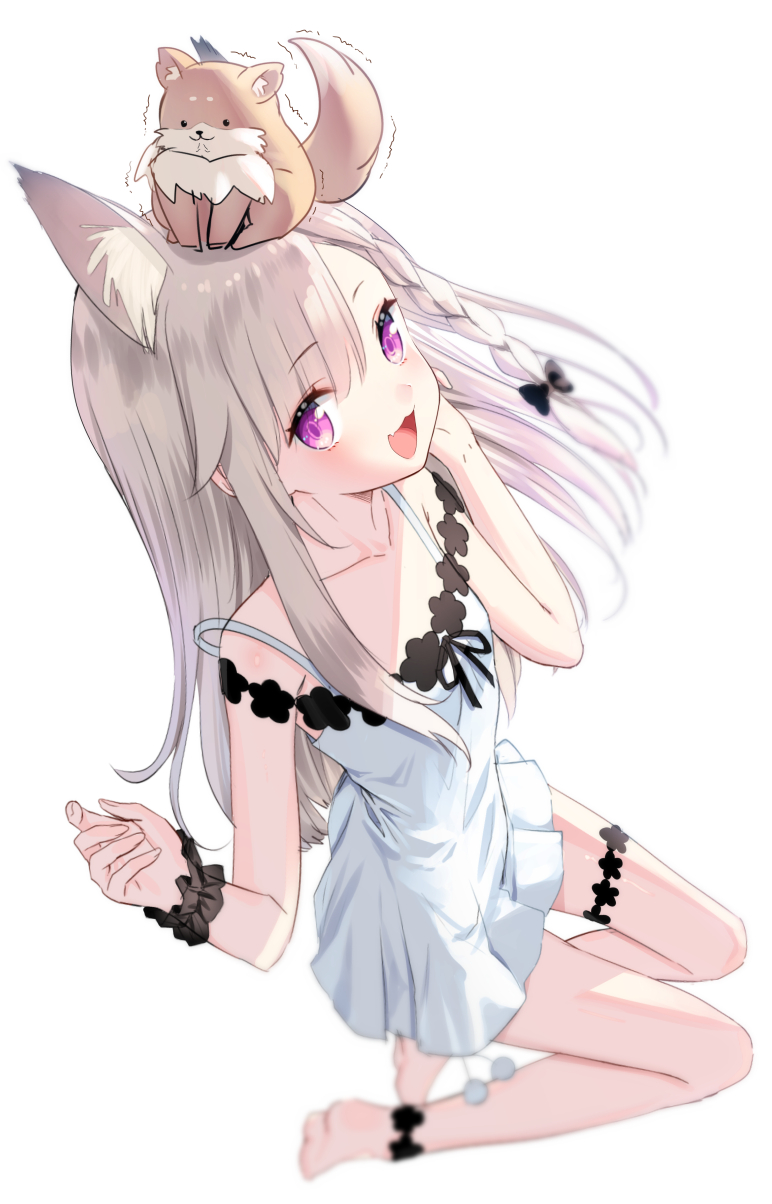 1girl :d animal animal_ear_fluff animal_ears animal_on_head animare bare_arms bare_shoulders barefoot black_bow black_ribbon bow braid collarbone dress fang full_body grey_hair hair_bow highres long_hair looking_at_viewer on_head open_mouth ribbon shiromiya_mimi simple_background single_wrist_cuff sleeveless sleeveless_dress smile soles solo strap_slip trembling very_long_hair violet_eyes virtual_youtuber white_background white_dress wrist_cuffs yasuyuki