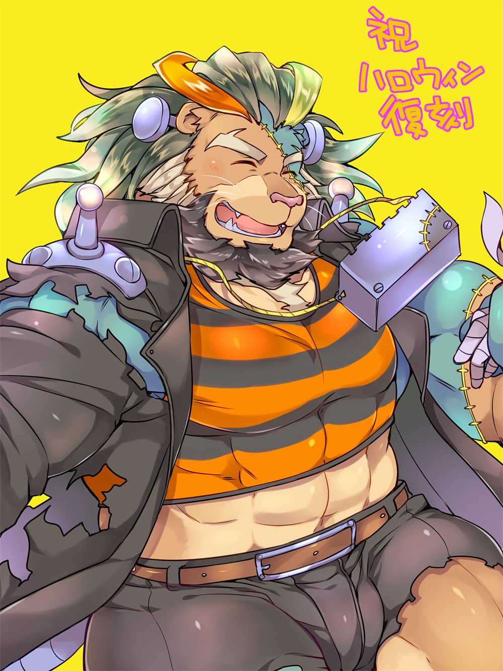 1boy alternate_costume animal_ears arsalan_(tokyo_houkago_summoners) bara beard belt blonde_hair blush brown_fur bulge chest chest_hair closed_eyes cosplay couple covered_abs facial_hair fingernails frankenstein's_monster frankenstein's_monster_(cosplay) furry green_hair halloween_costume highres lion_boy lion_ears male_focus medium_hair midriff multicolored_hair muscle official_alternate_costume orange_hair sharp_fingernails shorts stitches streaked_hair thick_thighs thighs tokyo_houkago_summoners youzora_samo18