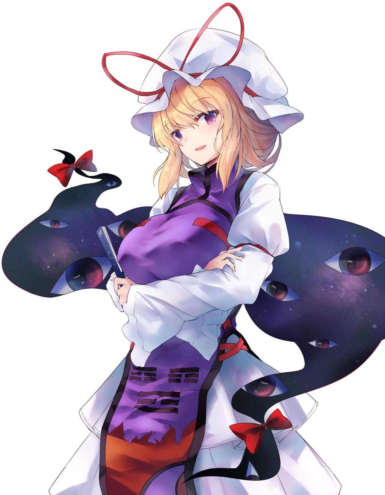 blonde_hair breasts cowboy_shot crossed_arms dress eyes fan fen_zuo frilled_dress frills gap_(touhou) hat hat_ribbon highres holding holding_fan juliet_sleeves long_sleeves looking_at_viewer mob_cap open_mouth pillow_hat puffy_sleeves red_ribbon ribbon short_hair simple_background tabard touhou violet_eyes white_background white_dress wide_sleeves yakumo_yukari
