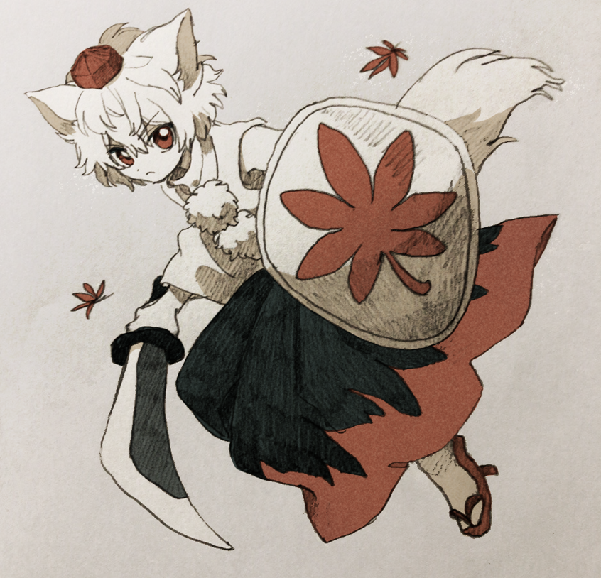 1girl animal_ears black_skirt closed_mouth dot_nose geta graphite_(medium) grey_background hat holding holding_shield holding_sword holding_weapon inubashiri_momiji ka_(marukogedago) leaf looking_at_viewer maple_leaf mixed_media red_eyes red_skirt shield short_hair simple_background skirt solo sword tabi tail tengu-geta tokin_hat touhou traditional_media two-tone_skirt weapon white_hair white_legwear wolf_ears wolf_tail