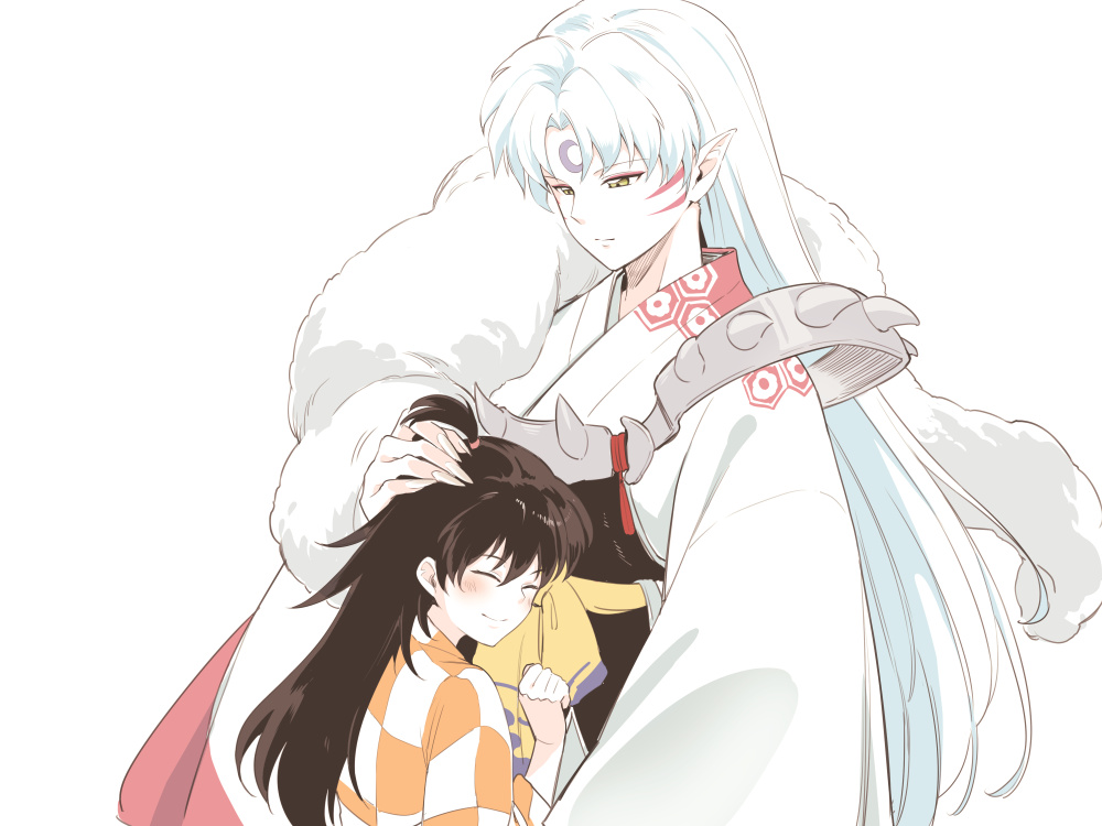 1boy 1girl ^_^ asutora blush brown_eyes brown_hair checkered checkered_kimono closed_eyes closed_mouth commentary_request crescent facial_mark fingernails hand_on_another's_head height_difference inuyasha japanese_clothes kimono long_fingernails long_hair long_sleeves looking_at_another looking_down pointy_ears rin_(inuyasha) simple_background smile white_background white_hair white_kimono