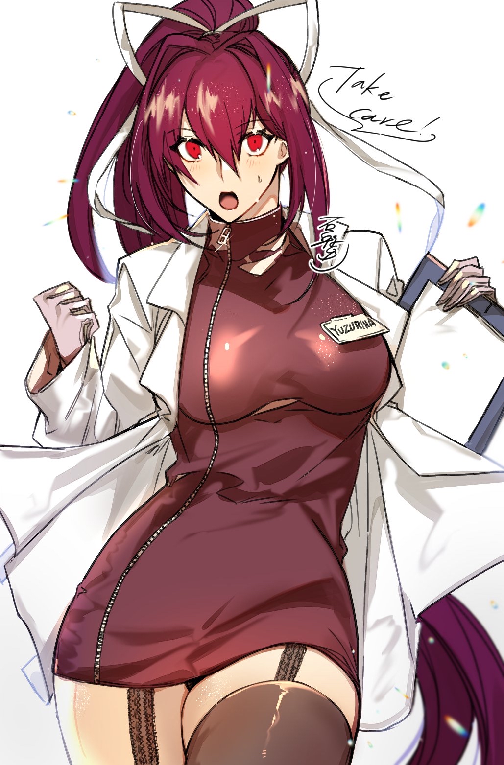 1girl bangs breasts english_text eyebrows_visible_through_hair garter_straps gloves hair_between_eyes highres jacket large_breasts looking_at_viewer name_tag nurse open_mouth paper ponytail purple_hair red_eyes ribbon roas01b solo thick_thighs thigh-highs thighs under_night_in-birth white_jacket white_ribbon yuzuriha_(under_night_in-birth) zipper