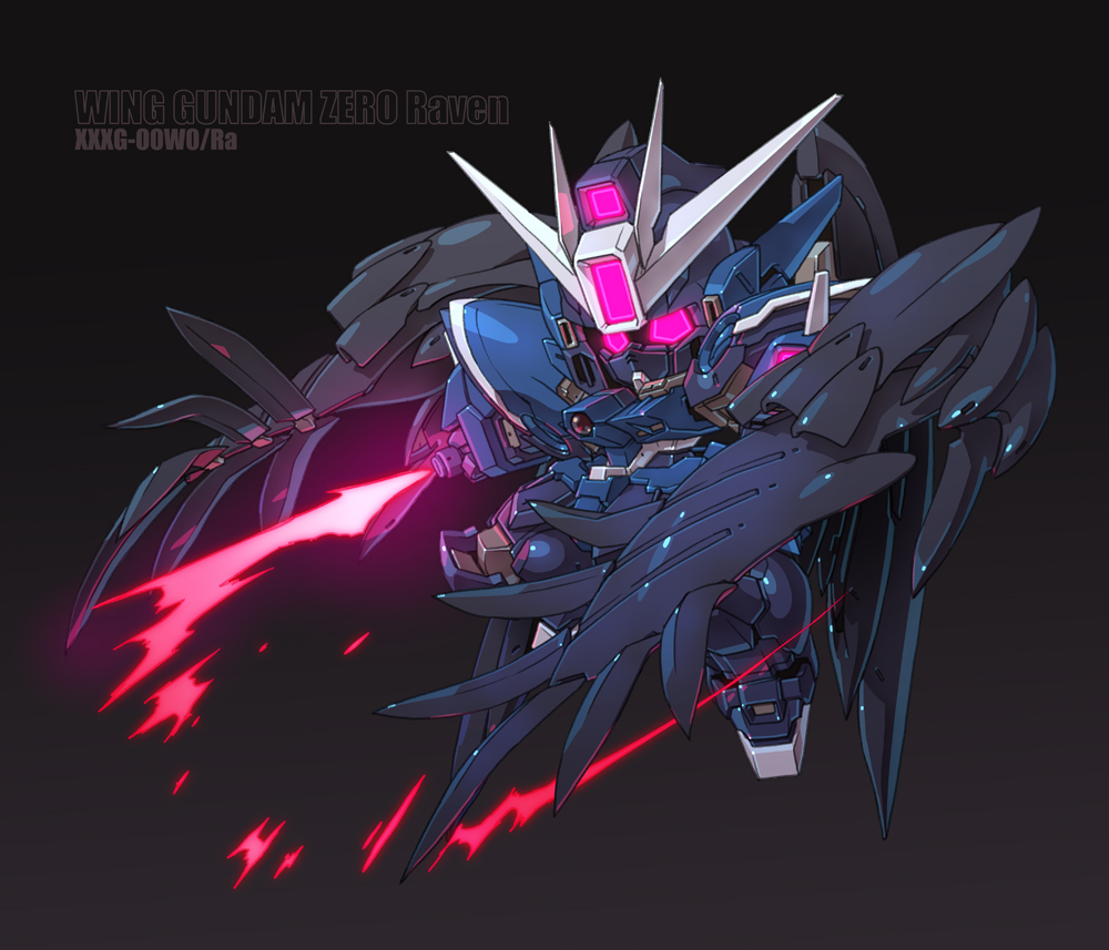 alternate_color beam_saber character_name chibi flying gundam gundam_wing gundam_wing_endless_waltz holding holding_sword holding_weapon looking_down mecha no_humans pink_eyes solo susagane sword v-fin weapon wing_gundam_zero_custom wings