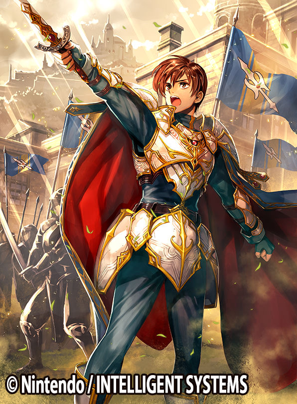 army brown_eyes brown_hair cape castle fire_emblem fire_emblem:_genealogy_of_the_holy_war fire_emblem:_thracia_776 fire_emblem_cipher flag furikawa_arika gold_trim leif_(fire_emblem) official_art short_hair sword weapon white_armor