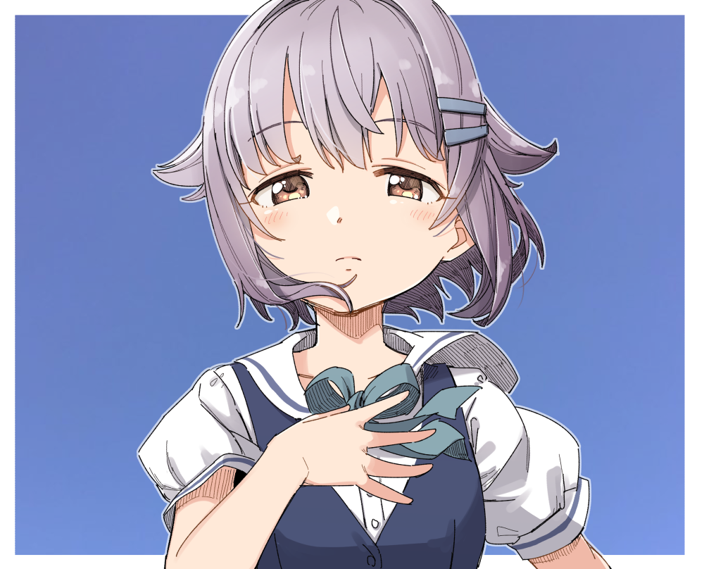 1girl bangs blue_background blue_bow blue_vest bow brown_eyes closed_mouth commentary_request eyebrows_visible_through_hair hair_flaps hair_ornament hairclip hand_up idolmaster idolmaster_cinderella_girls koshimizu_sachiko looking_at_viewer puffy_short_sleeves puffy_sleeves purple_hair sailor_collar shirt short_hair short_sleeves solo two-tone_background upper_body vest white_background white_sailor_collar white_shirt yukie_(kusaka_shi)