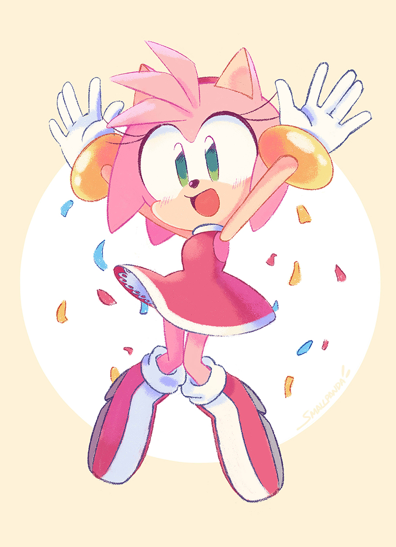 1girl :d amy_rose arms_up blush boots confetti english_commentary full_body furry gloves green_eyes happy happy_birthday high_heel_boots high_heels looking_at_viewer open_mouth smallpanda smile solo sonic_the_hedgehog white_gloves