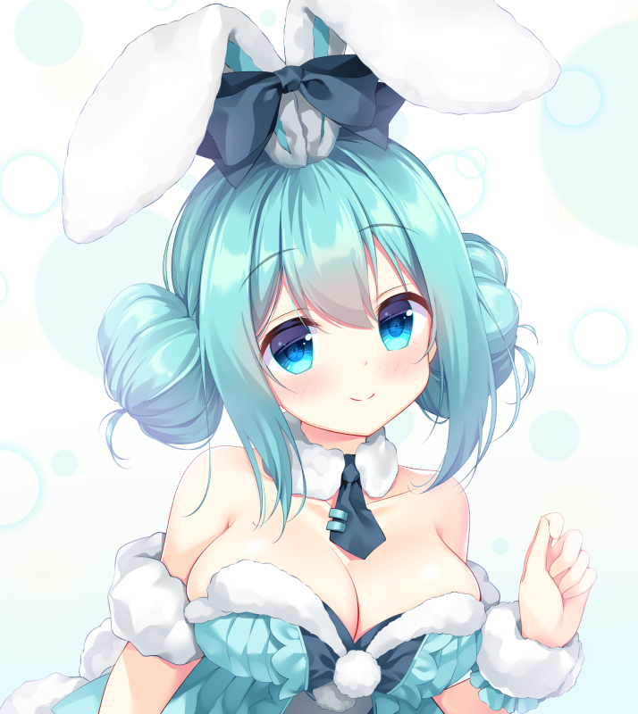 1girl animal_ears aqua_hair bangs bare_shoulders bicute_bunnies_miku black_bow blue_eyes blush bow breasts circle collarbone detached_collar detached_sleeves double_bun ear_ribbon fake_animal_ears hand_up hatsune_miku ikataruto large_breasts looking_at_viewer medium_breasts necktie pom_pom_(clothes) rabbit_ears sidelocks smile solo strapless tie_clip upper_body vocaloid white_background wrist_cuffs