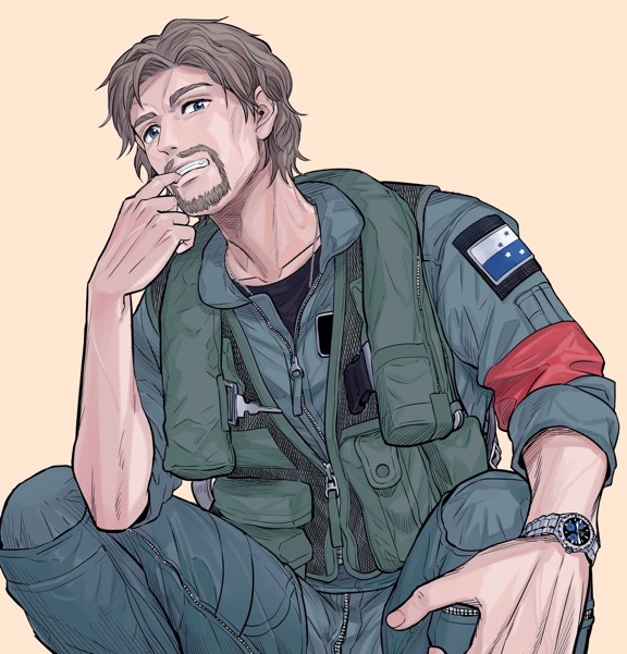 1boy ace_combat ace_combat_7 armband blonde_hair blue_eyes collarbone commentary count_(ace_combat_7) facial_hair finger_in_mouth grin looking_at_viewer md5_mismatch osean_flag patch pilot pilot_suit resolution_mismatch sitting smile source_larger takato15_c watch wavy_hair zipper