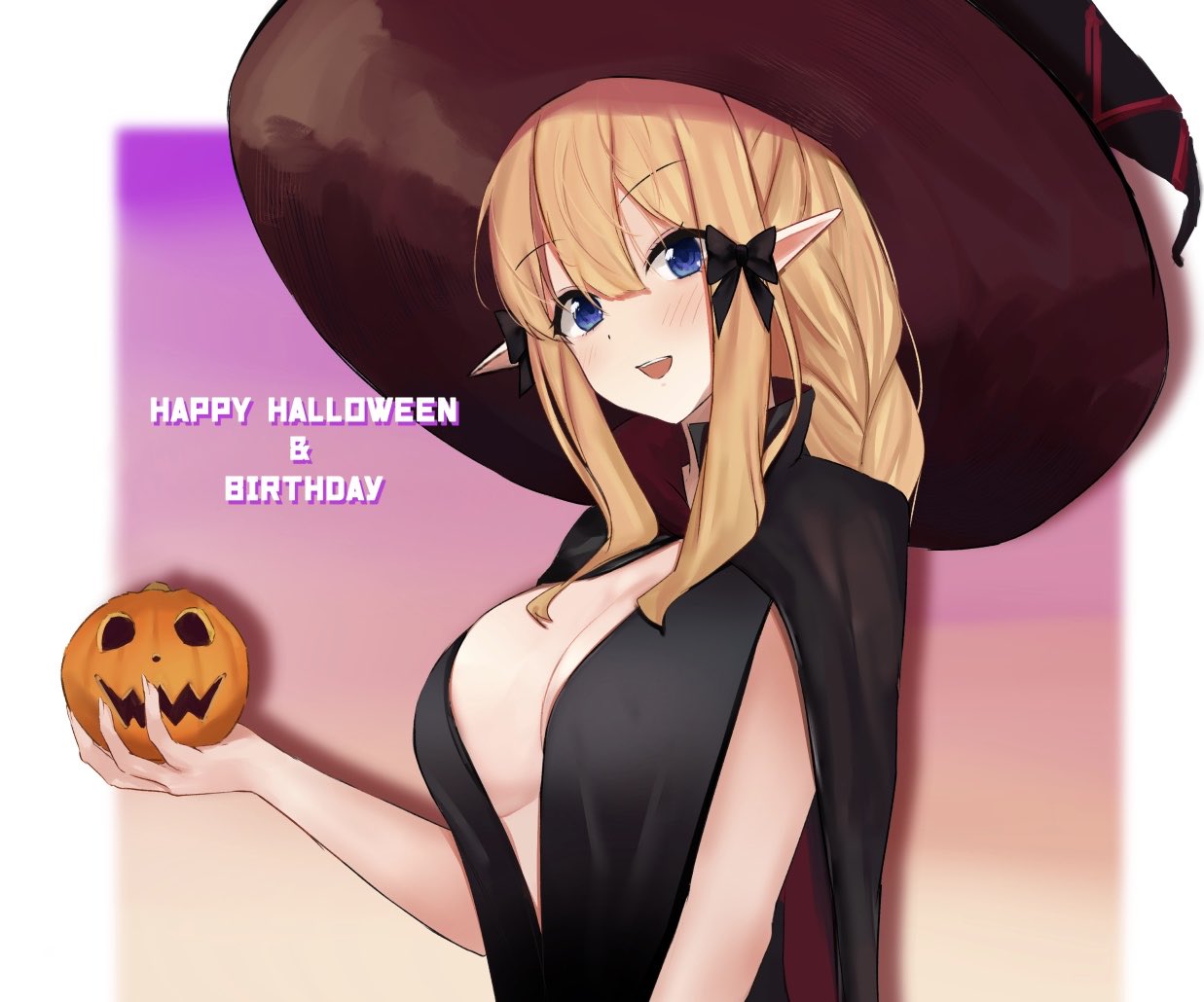 1girl bangs black_bow blonde_hair blue_eyes blush bow breasts cape elf eyebrows_visible_through_hair hair_bow hat large_breasts long_hair looking_at_viewer pointy_ears princess_connect! princess_connect!_re:dive pumpkin saren_(princess_connect!) smile witch_costume witch_hat yasushi_(n0t_0t4ku)