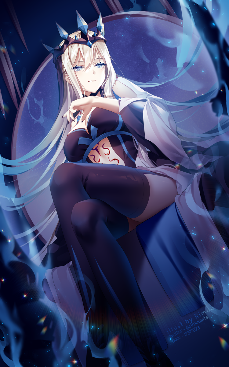 1girl bangs blue_eyes braid breasts crown dress fate/grand_order fate_(series) french_braid highres large_breasts long_hair looking_at_viewer morgan_le_fay_(fate) rimuu silver_hair sitting thighs very_long_hair