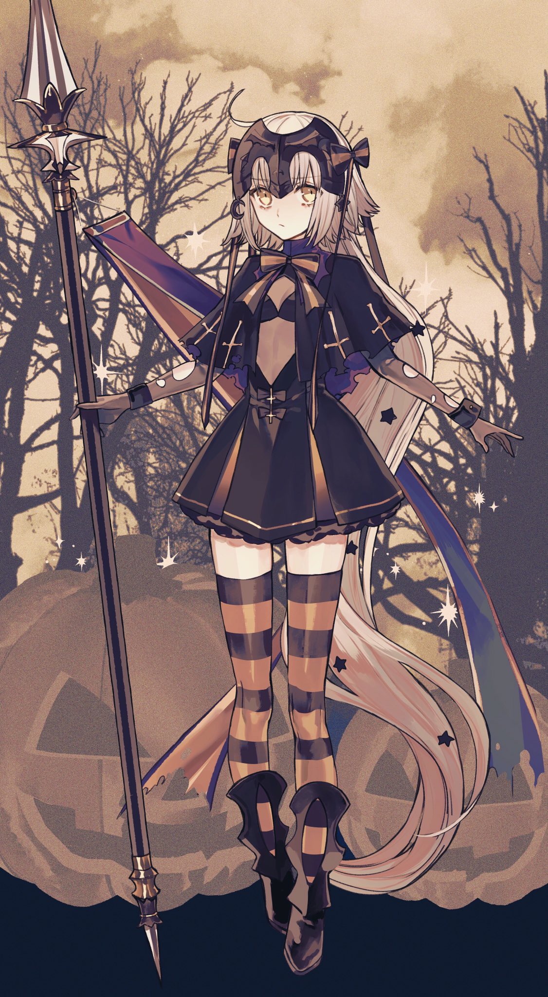 1girl albino_(a1b1n0623) banner bare_tree bow capelet commentary cross cross_print expressionless eyebrows_visible_through_hair fate/grand_order fate_(series) flag forest full_body hair_bow hair_ornament halloween headpiece highres holding holding_weapon jack-o'-lantern jeanne_d'arc_(fate)_(all) jeanne_d'arc_alter_santa_lily long_hair looking_at_viewer nature nobori outdoors polearm pumpkin ribbon solo sparkle spear standing star_(symbol) star_hair_ornament striped striped_legwear striped_ribbon thigh-highs torn_clothes tree very_long_hair weapon wrist_cuffs yellow_eyes