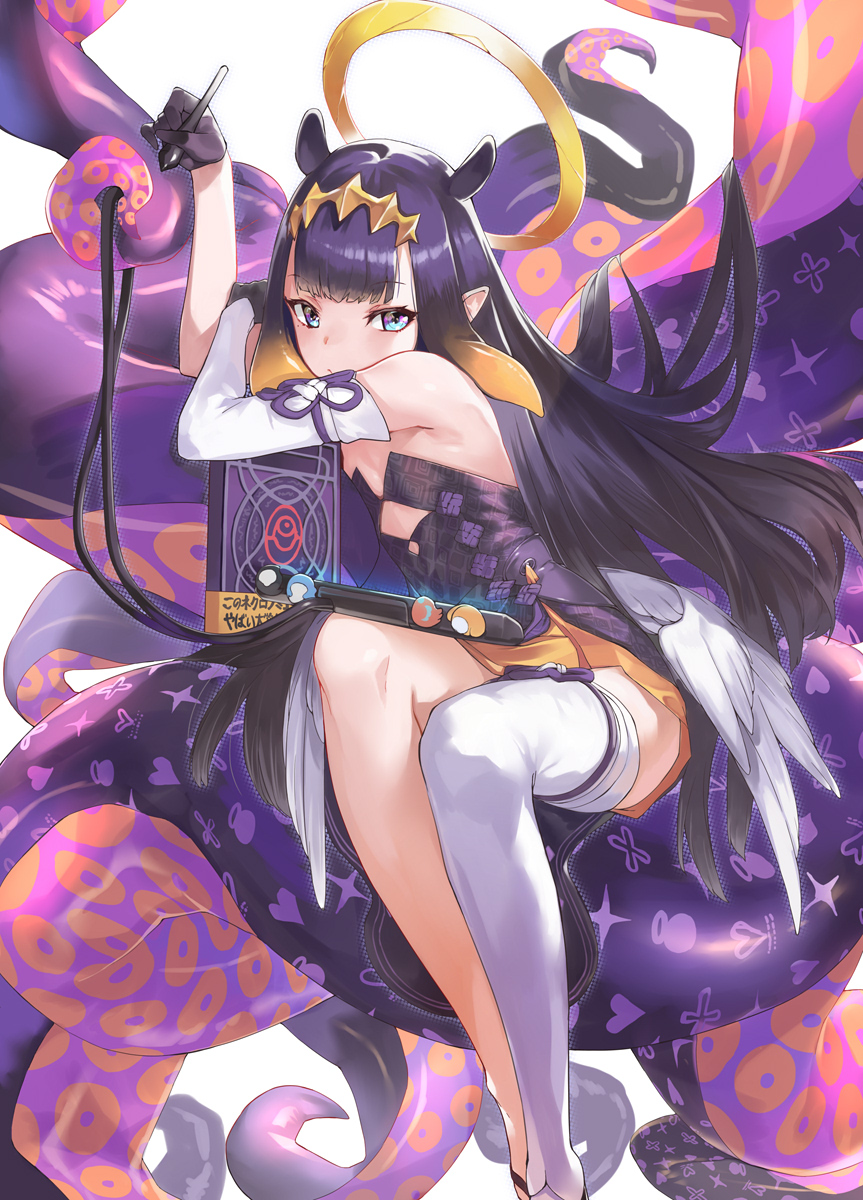 1girl bangs bare_shoulders blue_eyes breasts detached_sleeves halo highres hololive hololive_english long_hair looking_at_viewer low_wings mole mole_under_eye ninomae_ina'nis ohland purple_hair simple_background single_detached_sleeve small_breasts tentacle_hair tentacles virtual_youtuber white_background wings