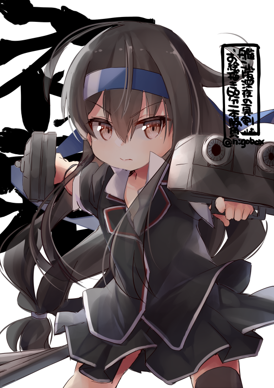 1girl adapted_turret aiming asymmetrical_legwear background_text black_hair black_legwear blazer blue_headband cannon commentary_request cowboy_shot dual_wielding hatsushimo_(kantai_collection) headband holding jacket kantai_collection long_hair looking_at_viewer low-tied_long_hair nigo pleated_skirt red_eyes remodel_(kantai_collection) school_uniform simple_background single_thighhigh skirt solo thigh-highs turret white_background