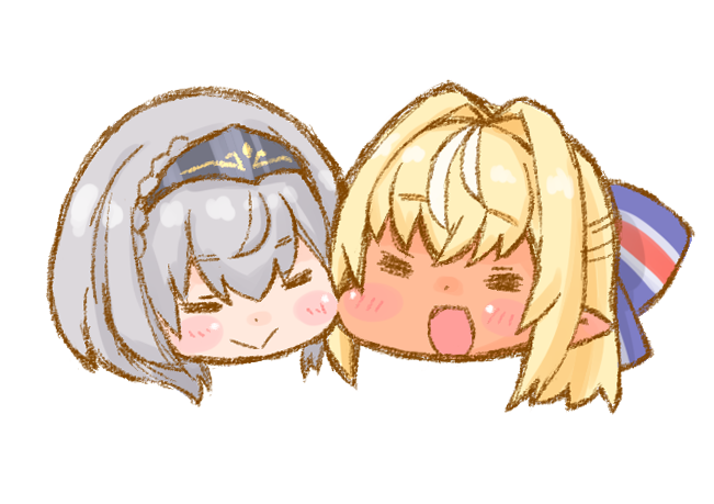 2girls :&gt; :d =_= bangs blonde_hair blush_stickers braid cheek-to-cheek commentary_request couple crossed_bangs dark_skin diadem disconnected_mouth dot_nose eyebrows_visible_through_hair floating_head grey_hair hair_between_eyes hair_intakes hololive long_hair multicolored_hair multiple_girls nekoyama open_mouth shiranui_flare shirogane_noel short_hair sidelocks simple_background smile streaked_hair virtual_youtuber white_background