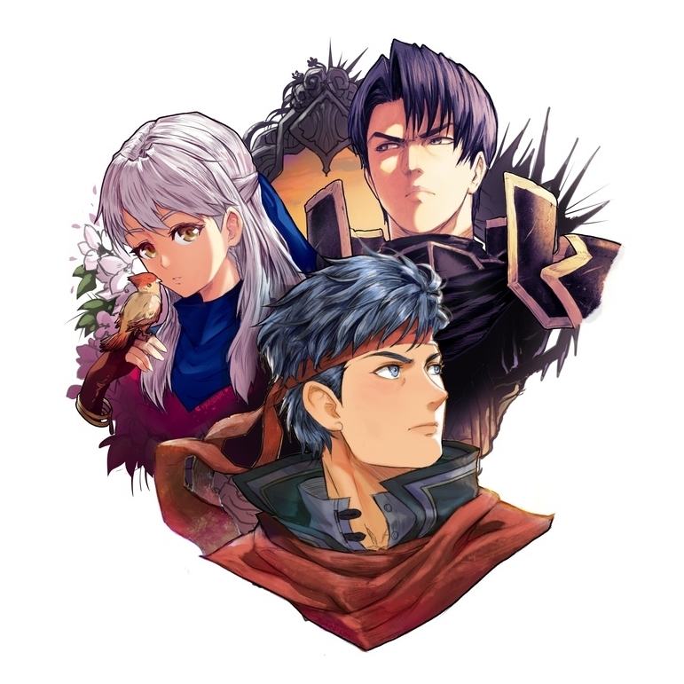 1girl 2boys armor bangle bird black_knight_(fire_emblem) blue_hair blue_scarf bracelet dress fire_emblem fire_emblem:_radiant_dawn half_updo headband ike_(fire_emblem) jewelry long_hair looking_to_the_side meziosaur micaiah_(fire_emblem) multiple_boys portrait scarf silver_hair upper_body yellow_eyes yune_(fire_emblem) zelgius_(fire_emblem)