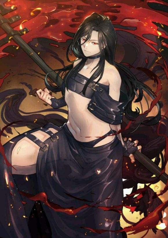 1boy bare_shoulders black_hair choker fingerless_gloves gloves guilty_gear guilty_gear_xx kyo_niku long_hair looking_at_viewer midriff red_eyes scythe testament_(guilty_gear) thigh_strap