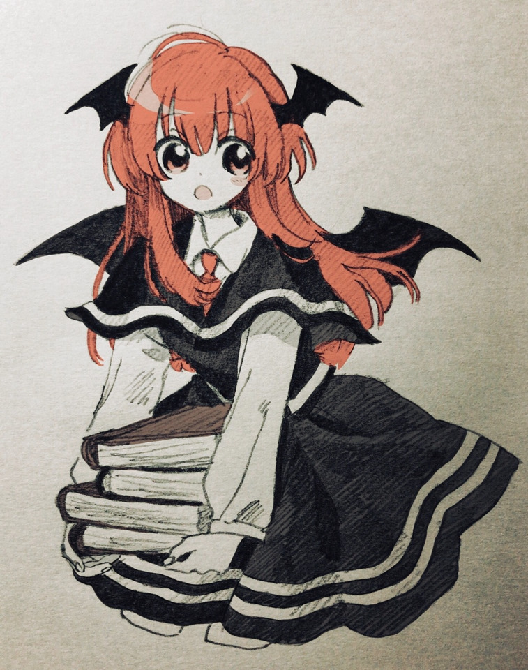 1girl bat_wings black_capelet black_skirt black_vest blush_stickers book book_stack capelet collared_shirt fingernails graphite_(medium) head_wings holding holding_book ka_(marukogedago) koakuma long_sleeves mixed_media necktie orange_eyes red_neckwear redhead shirt skirt solo touhou traditional_media vest white_shirt wide-eyed wing_collar wings