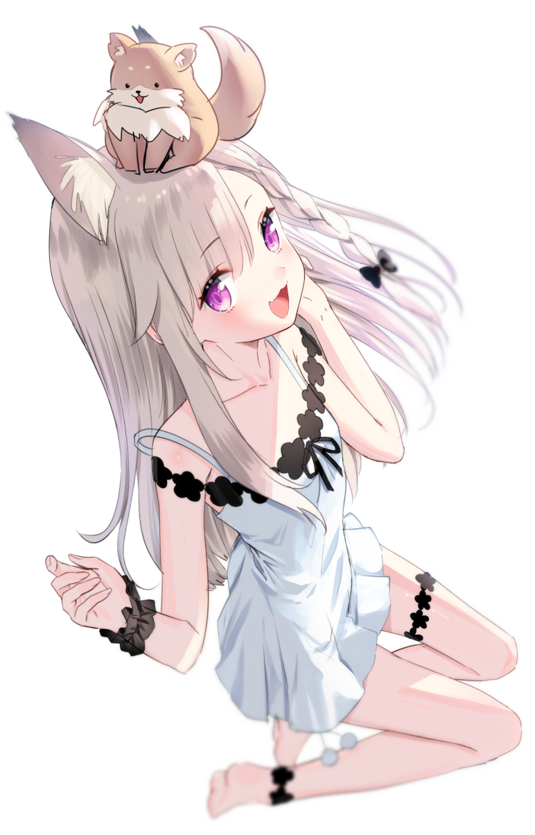 1girl :d animal animal_ear_fluff animal_ears animal_on_head animare bare_arms bare_shoulders barefoot black_bow black_ribbon bow braid collarbone commentary_request dress fang full_body grey_hair hair_bow highres long_hair looking_at_viewer on_head open_mouth ribbon shiromiya_mimi simple_background single_wrist_cuff sleeveless sleeveless_dress smile soles solo strap_slip very_long_hair violet_eyes virtual_youtuber white_background white_dress wrist_cuffs yasuyuki