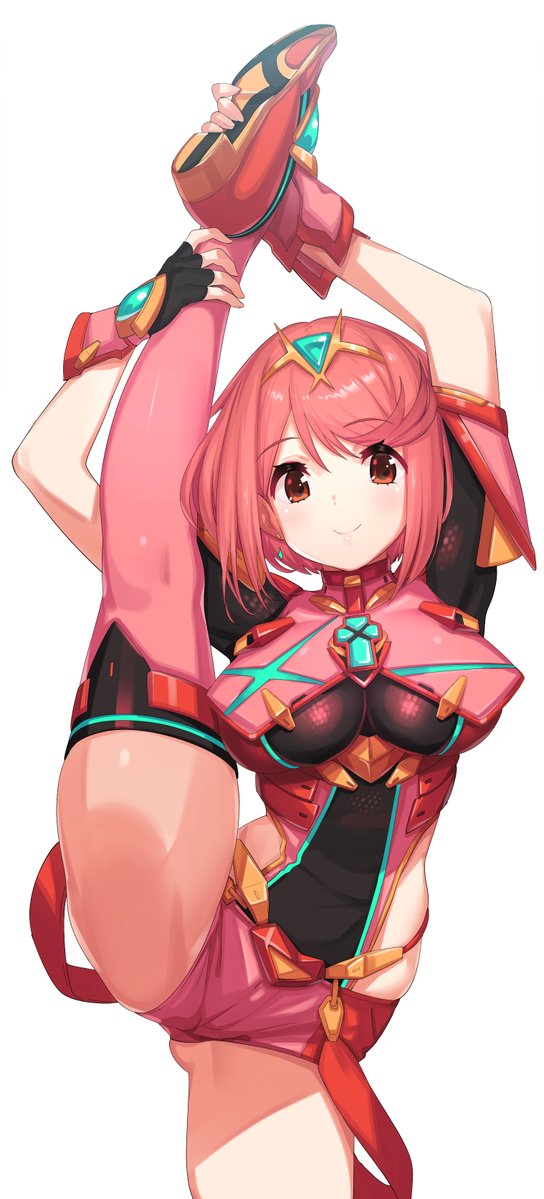 1girl bangs black_gloves blush breasts chest_jewel earrings fingerless_gloves gloves green322 jewelry large_breasts leg_up looking_at_viewer pyra_(xenoblade) red_eyes red_legwear red_shorts redhead short_hair short_shorts shorts simple_background smile split standing standing_on_one_leg standing_split swept_bangs thigh-highs tiara xenoblade_chronicles_(series) xenoblade_chronicles_2
