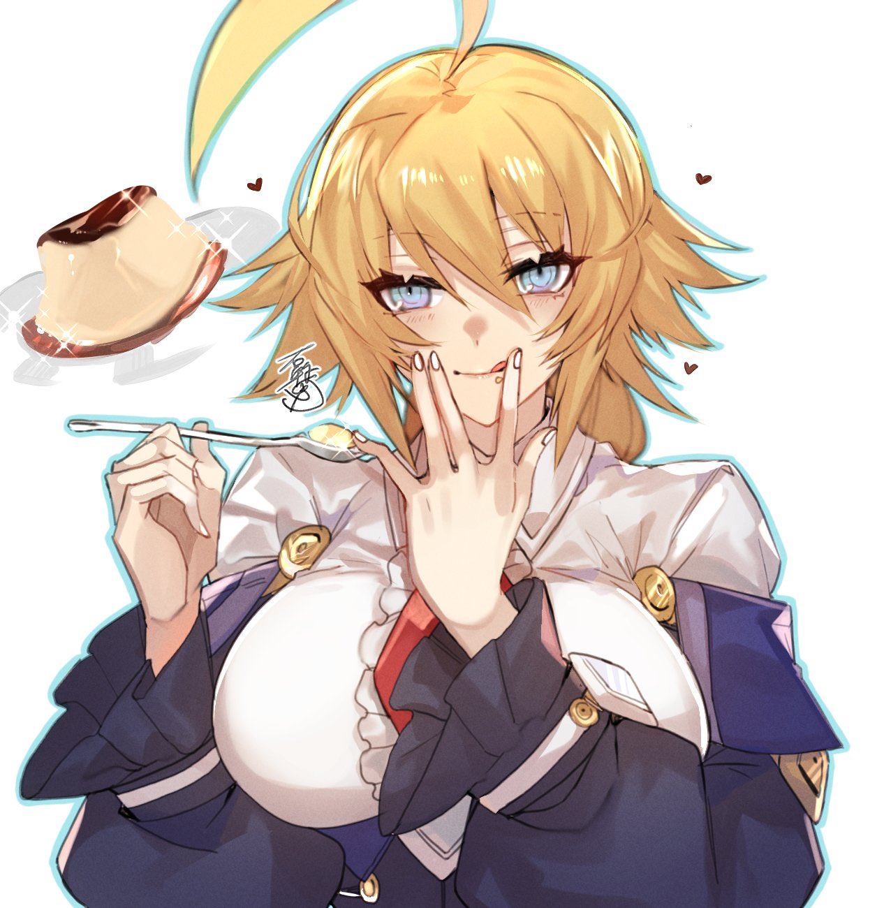 1girl ahoge blazblue blonde_hair blue_eyes blush breasts dress es_(xblaze) eyebrows_visible_through_hair finger_licking food heart highres large_breasts licking licking_lips long_hair long_sleeves necktie pudding puffy_long_sleeves puffy_sleeves roas01b simple_background smile solo spoon tongue tongue_out upper_body white_background xblaze