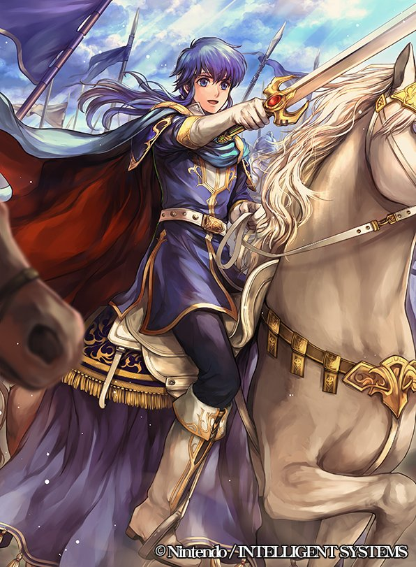 1boy bangs blue_cape blue_eyes blue_hair blue_shirt cape fire_emblem fire_emblem:_genealogy_of_the_holy_war fire_emblem_cipher flag gold_trim horse md5_mismatch official_art ponytail seliph_(fire_emblem) shirt sword wada_sachiko weapon