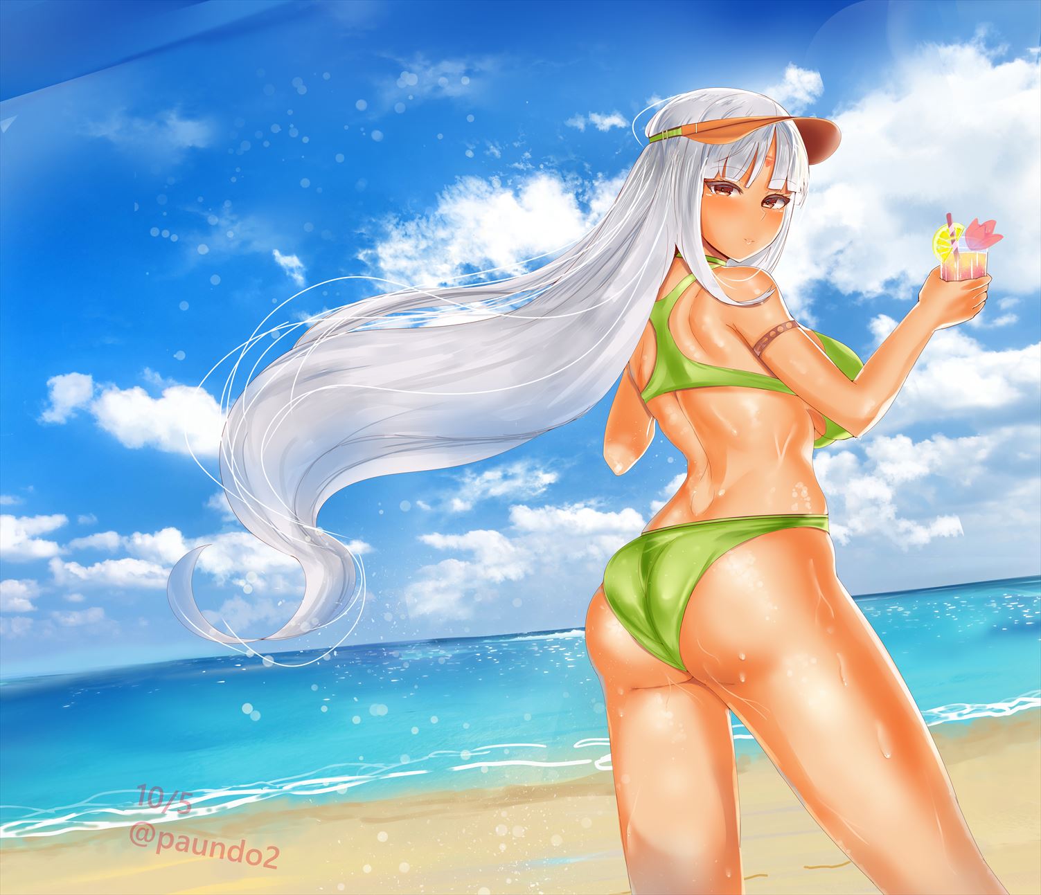 1girl armlet ass azur_lane bare_shoulders beach bikini blush breasts choker clouds cup dark_skin dated day eyebrows_visible_through_hair facial_mark floating_hair forehead_mark from_behind green_bikini highres holding holding_cup large_breasts long_hair looking_at_viewer looking_back massachusetts_(azur_lane) native_american paundo2 red_eyes shiny shiny_skin silver_hair sky smile solo standing swimsuit thighs twitter_username very_long_hair wet