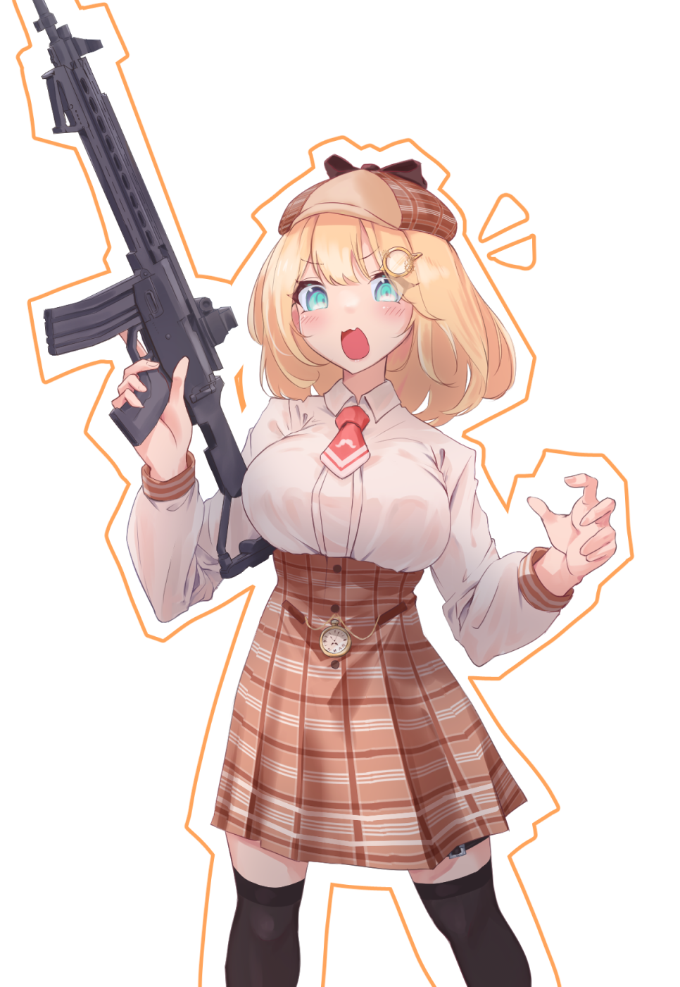 1girl bangs black_legwear blonde_hair blue_eyes blush breasts collared_shirt commentary eyebrows_visible_through_hair fang gun hat high-waist_skirt highres holding holding_gun holding_weapon hololive hololive_english kisaragisisui large_breasts long_sleeves looking_at_viewer medium_hair necktie open_mouth over-kneehighs plaid shirt simple_background skin_fang skirt solo thigh-highs trigger_discipline watson_amelia weapon weapon_request white_background white_shirt zettai_ryouiki