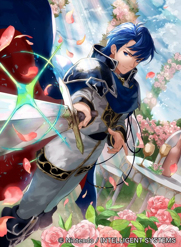 1boy alcohol armor black_armor blue_cape blue_eyes blue_hair cape cup drinking_glass fire_emblem fire_emblem:_genealogy_of_the_holy_war fire_emblem_cipher flower mayo_(becky2006) official_art shirt shoulder_armor sigurd_(fire_emblem) sword weapon white_shirt wine wine_glass