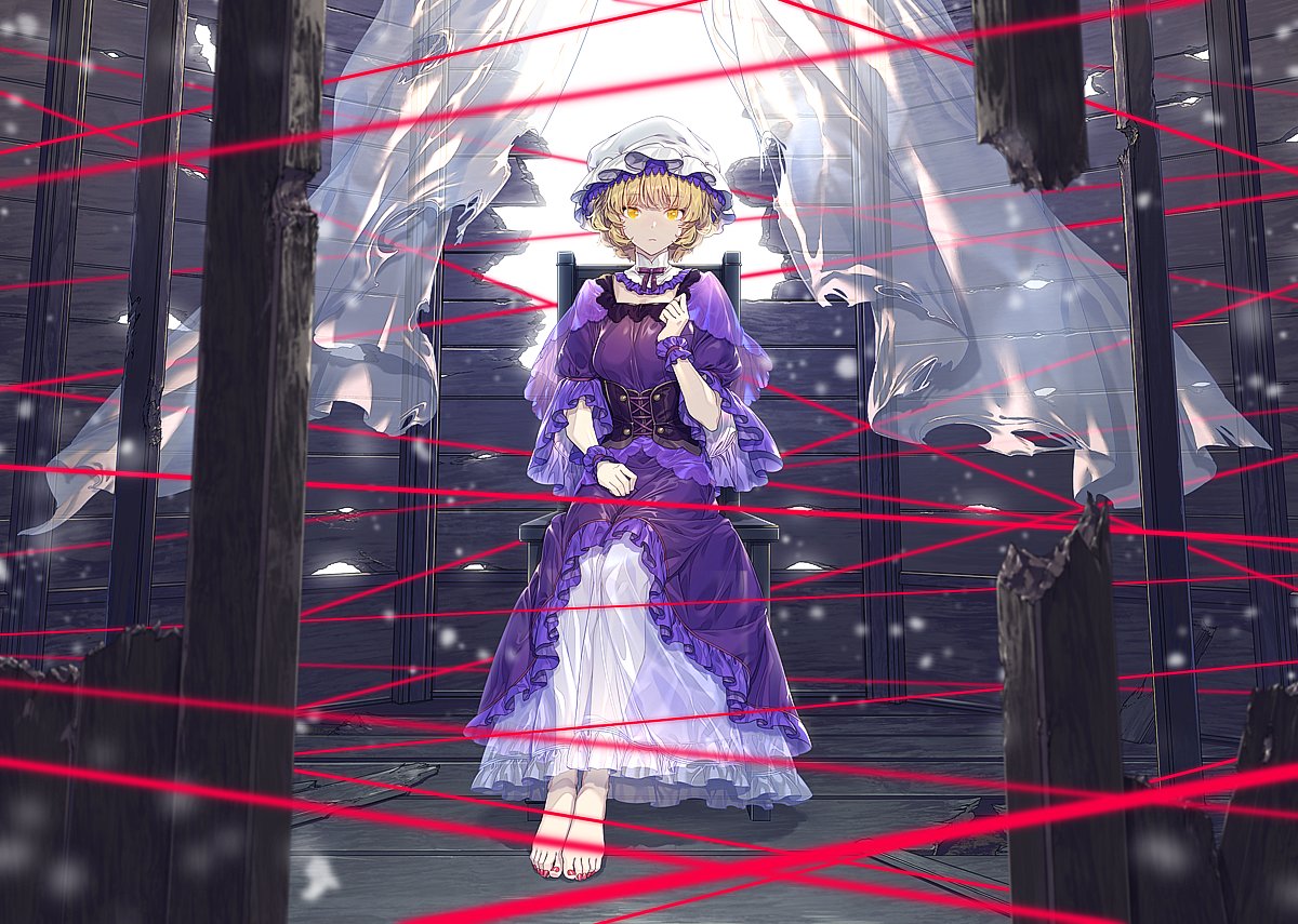 1girl alternate_costume bangs barefoot blonde_hair bow chair curtains dress feet frilled_dress frills full_body hat indoors long_dress long_sleeves looking_at_viewer maribel_hearn mob_cap nail_polish purple_dress red_nails short_hair sitting solo toenail_polish toenails toes touhou wide_sleeves window wrist_cuffs yellow_eyes zounose