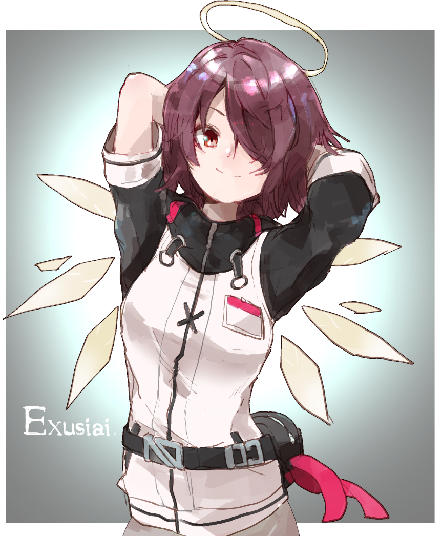 1girl arknights arms_behind_head arms_up asymmetrical_sleeves breasts brown_hair character_name closed_mouth detached_wings exusiai_(arknights) fanny_pack hair_over_one_eye halo jamir looking_at_viewer medium_breasts red_eyes short_hair smile solo wings