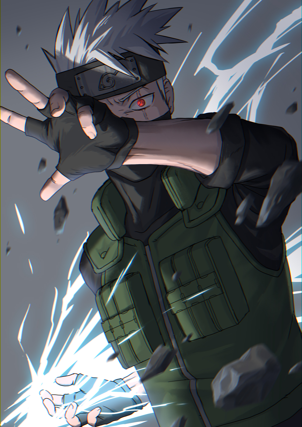 1boy black_gloves electricity fingerless_gloves gloves grey_background hatake_kakashi headband highres looking_at_viewer male_focus mask mochi10bi naruto naruto_(series) red_eyes scar scar_across_eye silver_hair solo spiky_hair upper_body