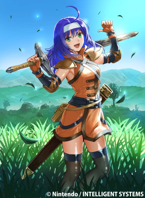 ahoge armor blue_hair dress fire_emblem fire_emblem:_path_of_radiance fire_emblem_cipher grass green_eyes headband leather mia_(fire_emblem) official_art orange_dress pouch shoulder_armor sword thigh-highs weapon