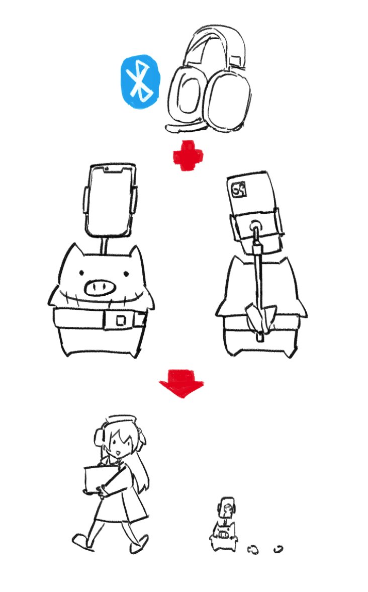 1girl akai_haato belt bluetooth box carrying cellphone commentary diagram english_commentary following haaton_(akai_haato) headphones headset holding holding_box hololive long_hair looking_down monochrome phone phone_stand pig robe simple_background sketch slippers smartphone solo spot_color stitches video_call virtual_youtuber walking white_background ye_fan