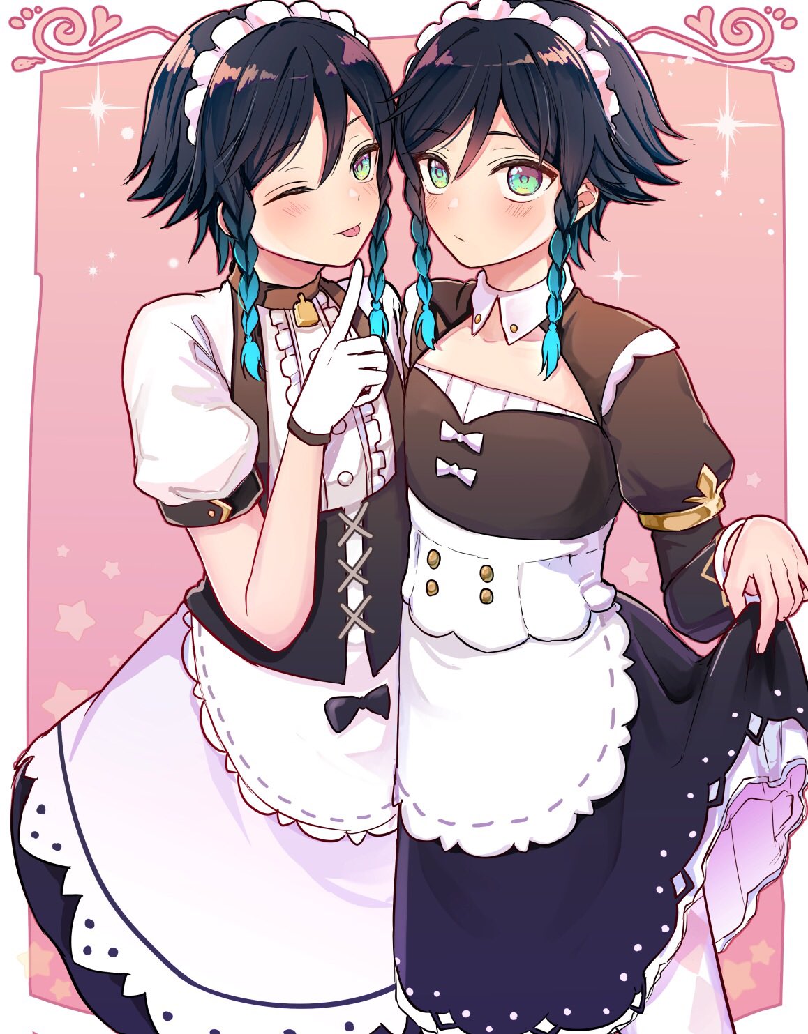 2boys alternate_costume bangle bangs black_hair blue_hair blush bracelet braid chiroron closed_mouth collarbone detached_collar enmaided eyebrows_visible_through_hair frilled_skirt frilled_sleeves frills genshin_impact gradient_hair green_eyes hair_between_eyes hat highres jewelry long_hair long_sleeves looking_at_viewer maid maid_headdress male_focus multicolored_hair multiple_boys one_eye_closed otoko_no_ko puffy_sleeves simple_background skirt skirt_lift smile sparkle thighs tongue tongue_out twin_braids venti_(genshin_impact) victorian_maid