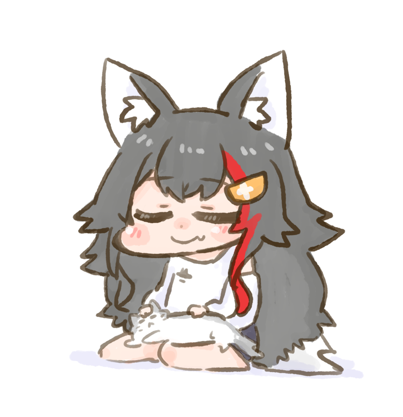 1girl :&lt; animal_ear_fluff animal_ears animal_on_lap bangs barefoot black_hair black_shorts blush blush_stickers cat cat_on_lap chibi closed_eyes closed_mouth clothing_cutout commentary_request crossed_bangs eyebrows_visible_through_hair gender_request hair_between_eyes hair_ornament hairclip hand_on_another's_head hololive long_hair long_sleeves multicolored_hair nekoyama ookami_mio shirt short_shorts shorts shoulder_cutout sidelocks simple_background sitting smile solo_focus streaked_hair taiga_(ookami_mio) very_long_hair virtual_youtuber whiskers white_background white_shirt wolf_ears wolf_girl