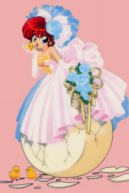 1990s_(style) 1girl animal bird blue_eyes bouquet chick cracked_egg dress elbow_gloves flower gloves hair_flower hair_ornament holding holding_animal holding_bouquet looking_at_viewer nakajima_atsuko official_art open_mouth pink_dress pink_gloves ranma-chan ranma_1/2 redhead saotome_ranma solo strapless strapless_dress