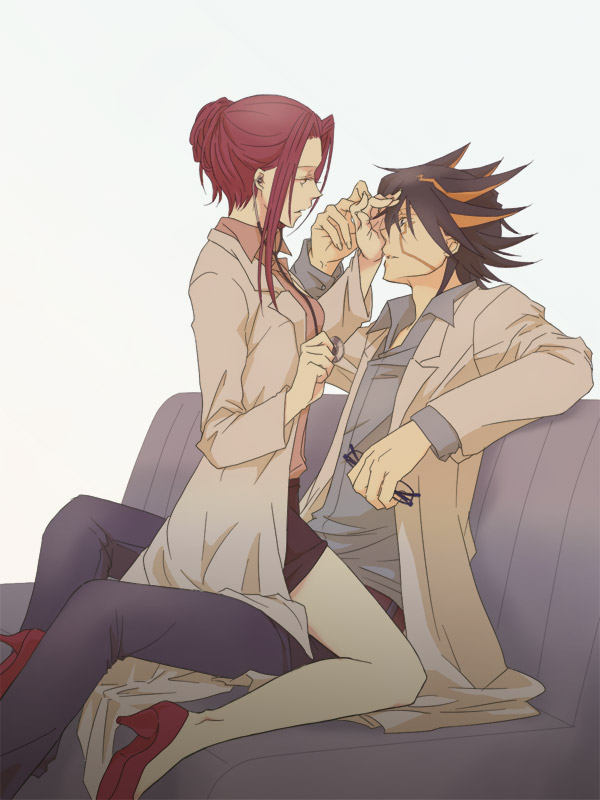 1boy 1girl dress_shirt eyewear_removed facial_mark facing_another fudou_yuusei hand_on_another's_head high_heels izayoi_aki labcoat multicolored_hair redhead shirt shorts sitting sitting_on_lap sitting_on_person sokeri spiky_hair stethoscope two-tone_hair yu-gi-oh! yu-gi-oh!_5d's