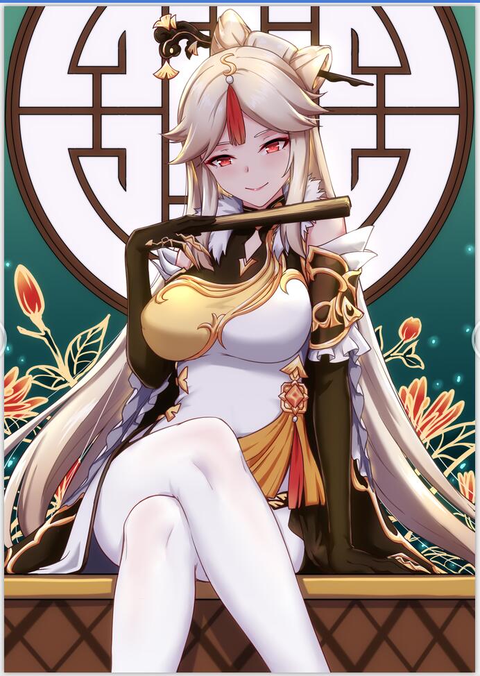 1girl breasts chinese_clothes commentary_request crossed_legs daidailong detached_sleeves fan genshin_impact hair_ornament hairpin large_breasts long_hair looking_at_viewer ningguang pantyhose red_eyes silver_hair sitting smile white_legwear window